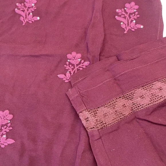Chic Boutique Studio Kurta Pants Set Womens L Purple Floral Embroidered 2 Piece - Picture 3 of 13